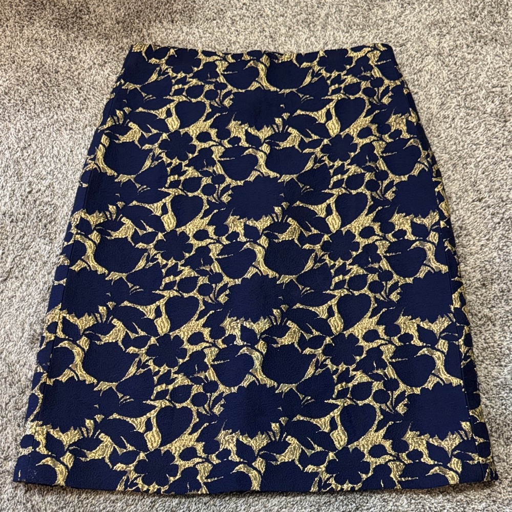 J. Crew Navy and Gold Floral Pencil Skirt